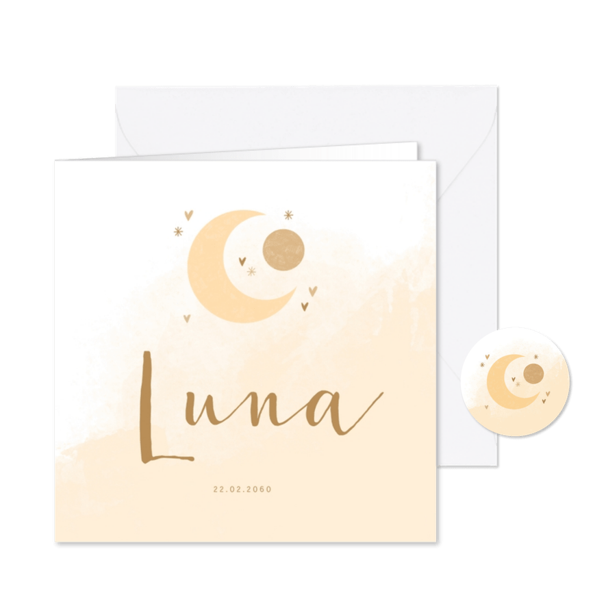 Geboortekaartje maan naturel met waterverf - Kaartimpressie