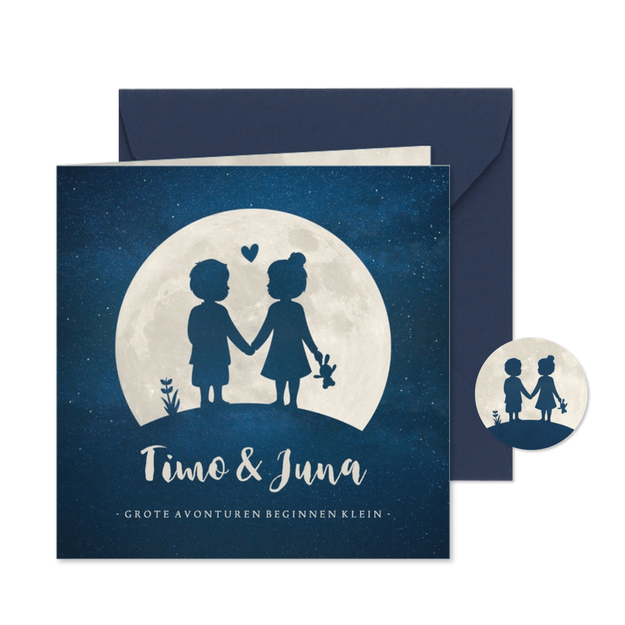 Geboortekaartje maan -  silhouet jongen en meisje tweeling - Kaartimpressie