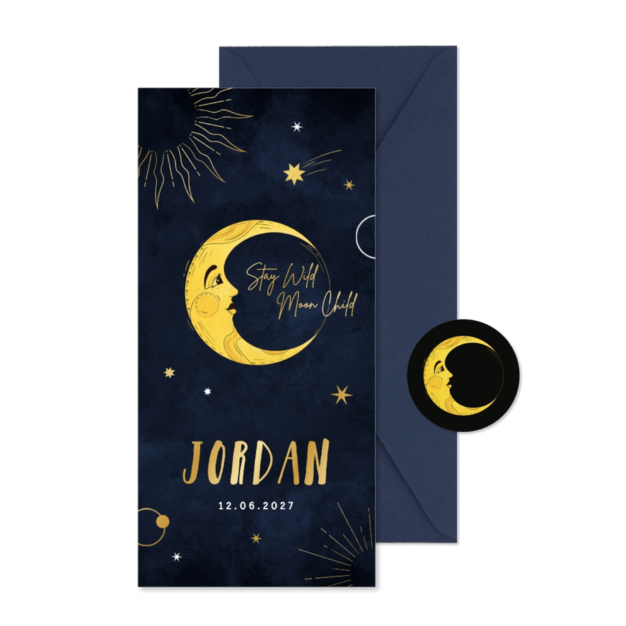 Geboortekaartje maan sterren astrologie planeet goud - Kaartimpressie