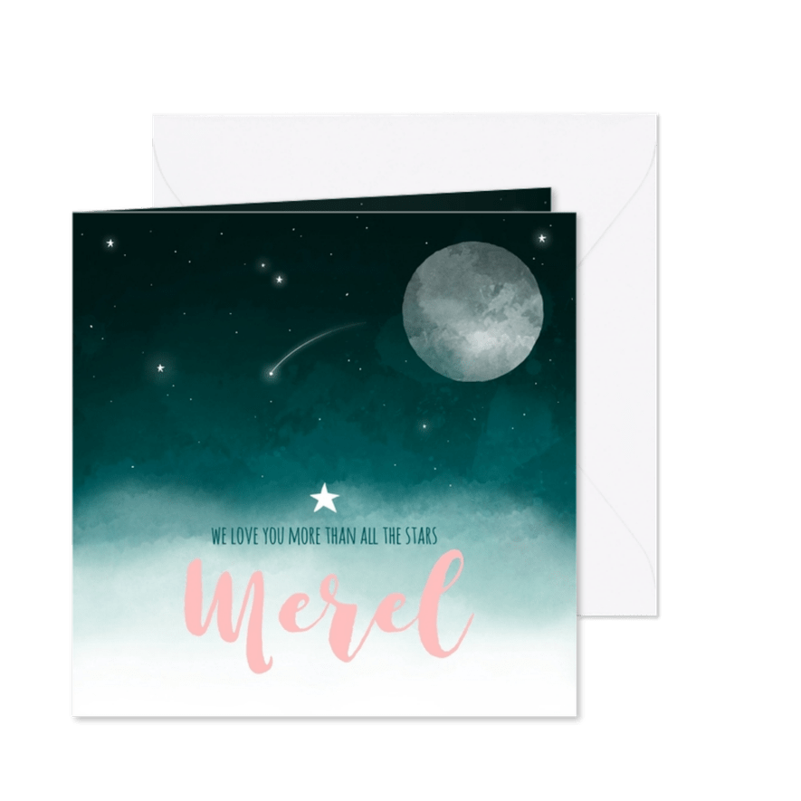 Geboortekaartje maan sterren wolken meisje - Kaartimpressie