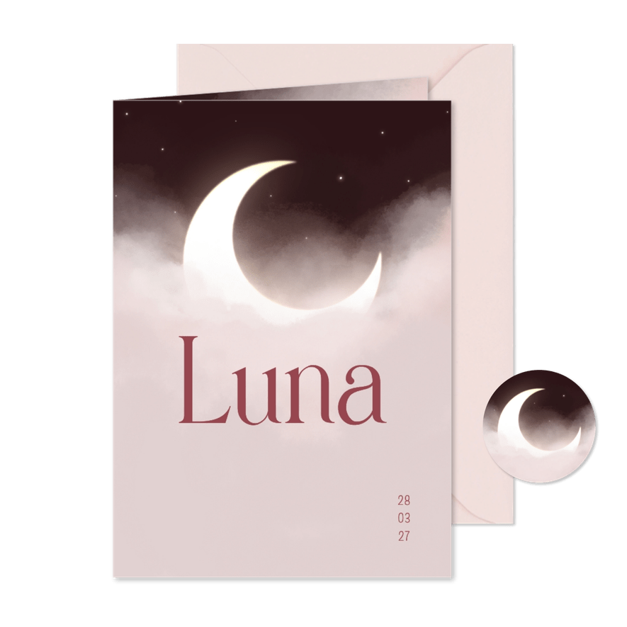 Geboortekaartje maan tussen wolken en sterren rood - Kaartimpressie