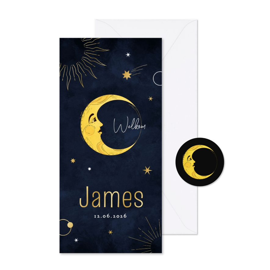 Geboortekaartje maan universum sterren goud planeten - Kaartimpressie