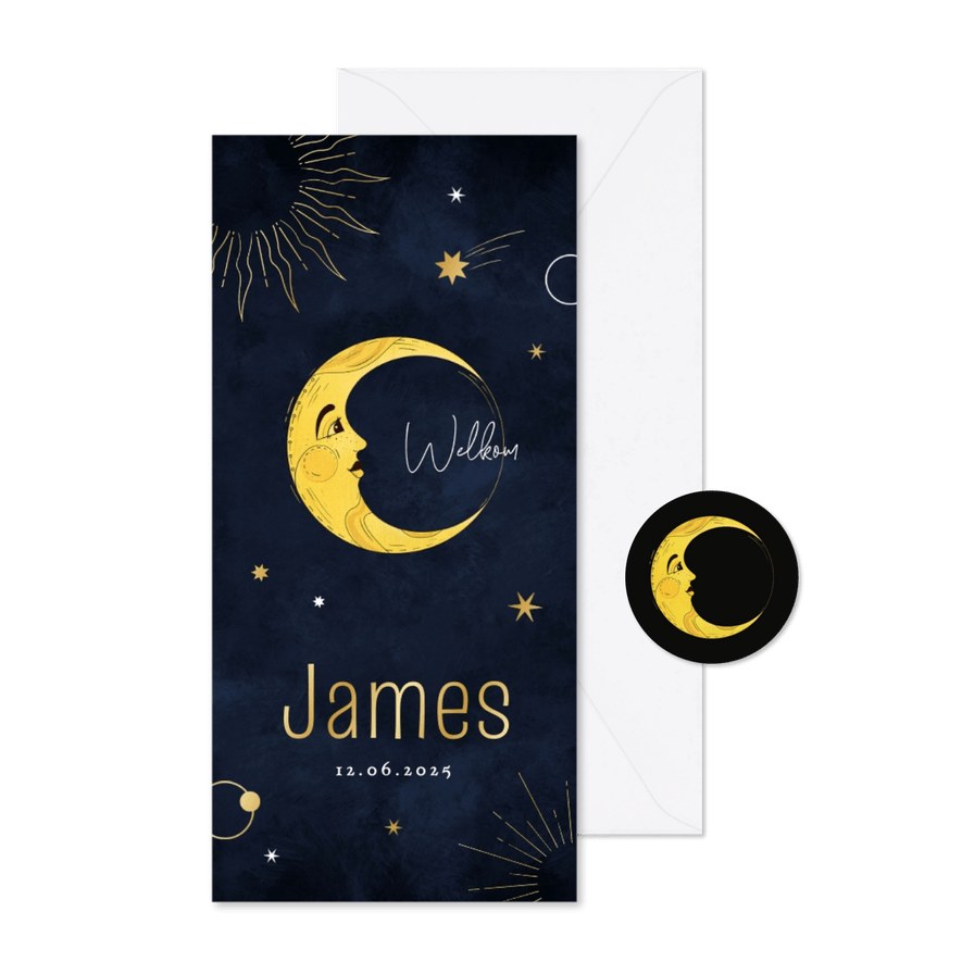 Geboortekaartje maan universum sterren goud planeten - Kaartimpressie