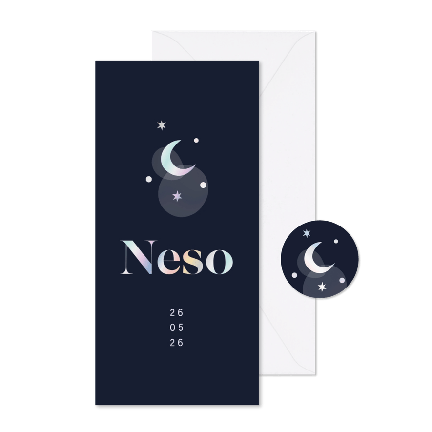 Geboortekaartje maantje en sterren holografisch - Kaartimpressie