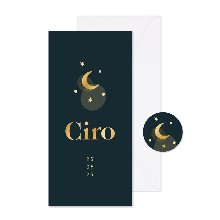 Geboortekaartje maantje en sterren met goudfolie - Kaartimpressie