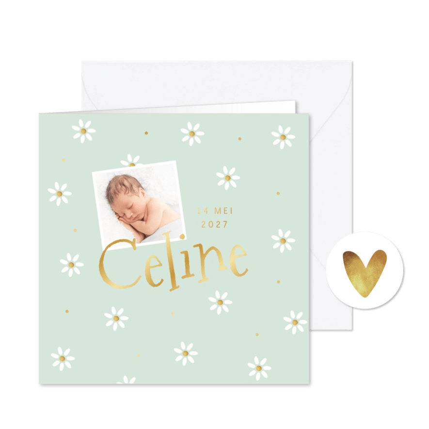 Geboortekaartje margrietjes goud lente zomer - Kaartimpressie
