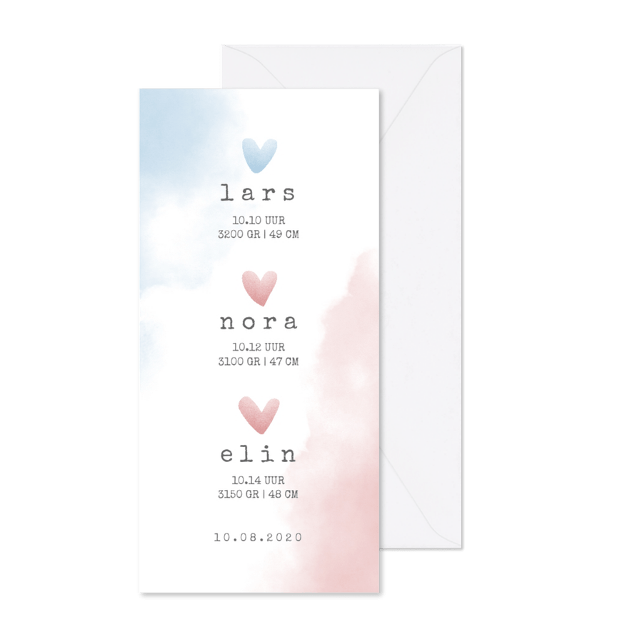 Geboortekaartje meerling met hartjes en waterverf - Kaartimpressie