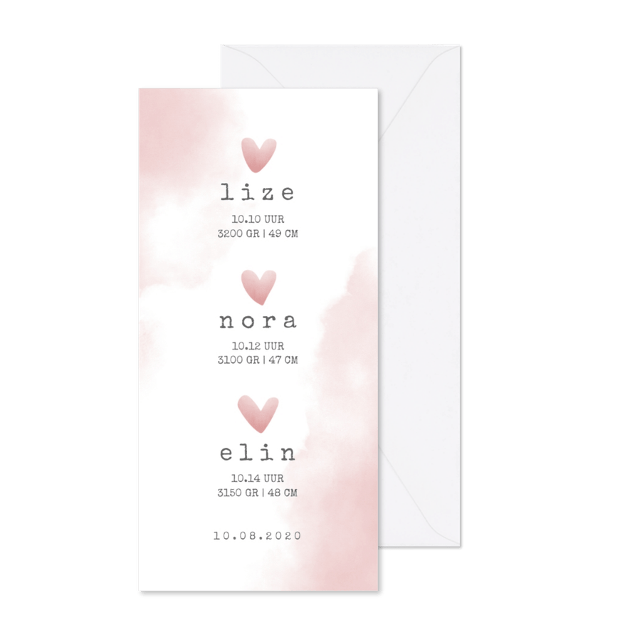 Geboortekaartje meerling met roze hartjes en waterverf - Kaartimpressie