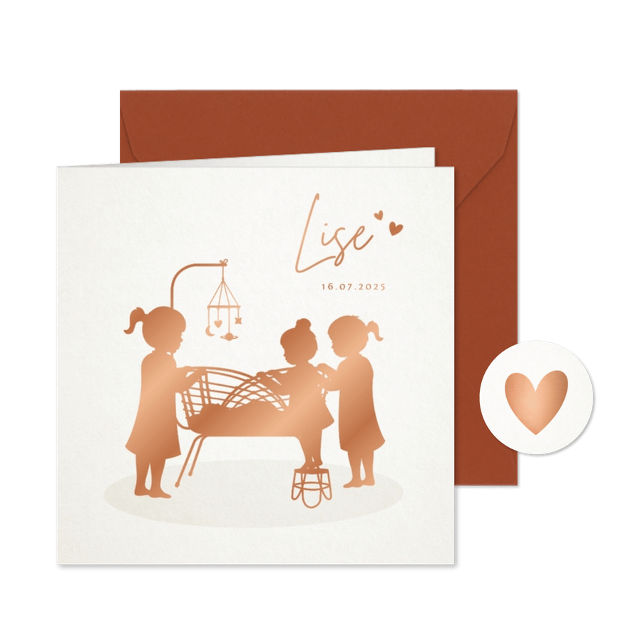 Geboortekaartje meisje 4e kindje met wiegje en 3 zussen - Kaartimpressie