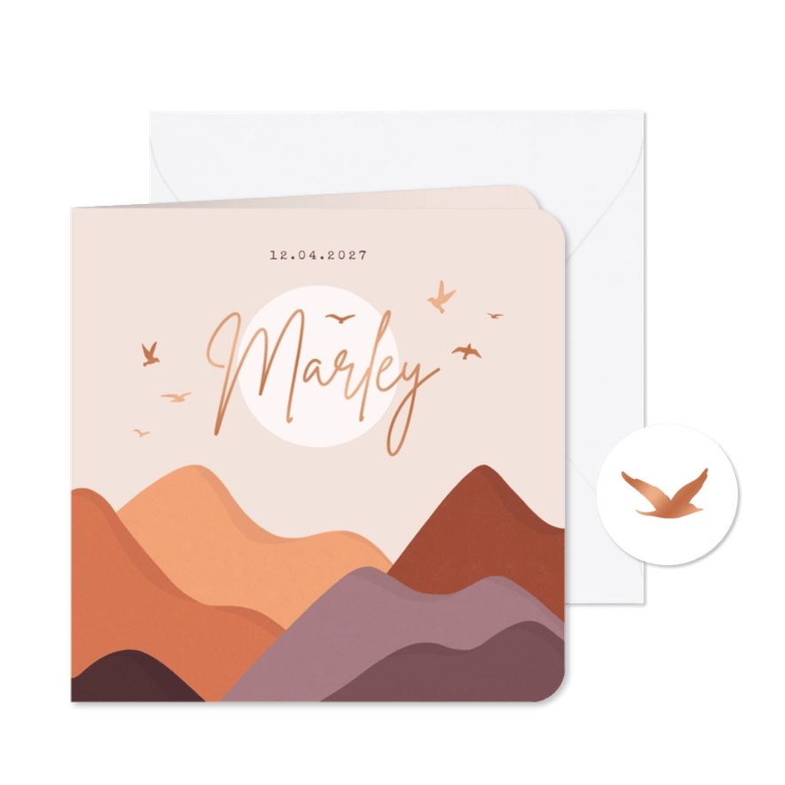 Geboortekaartje meisje bergen natuur maan vogeltjes koper - Kaartimpressie