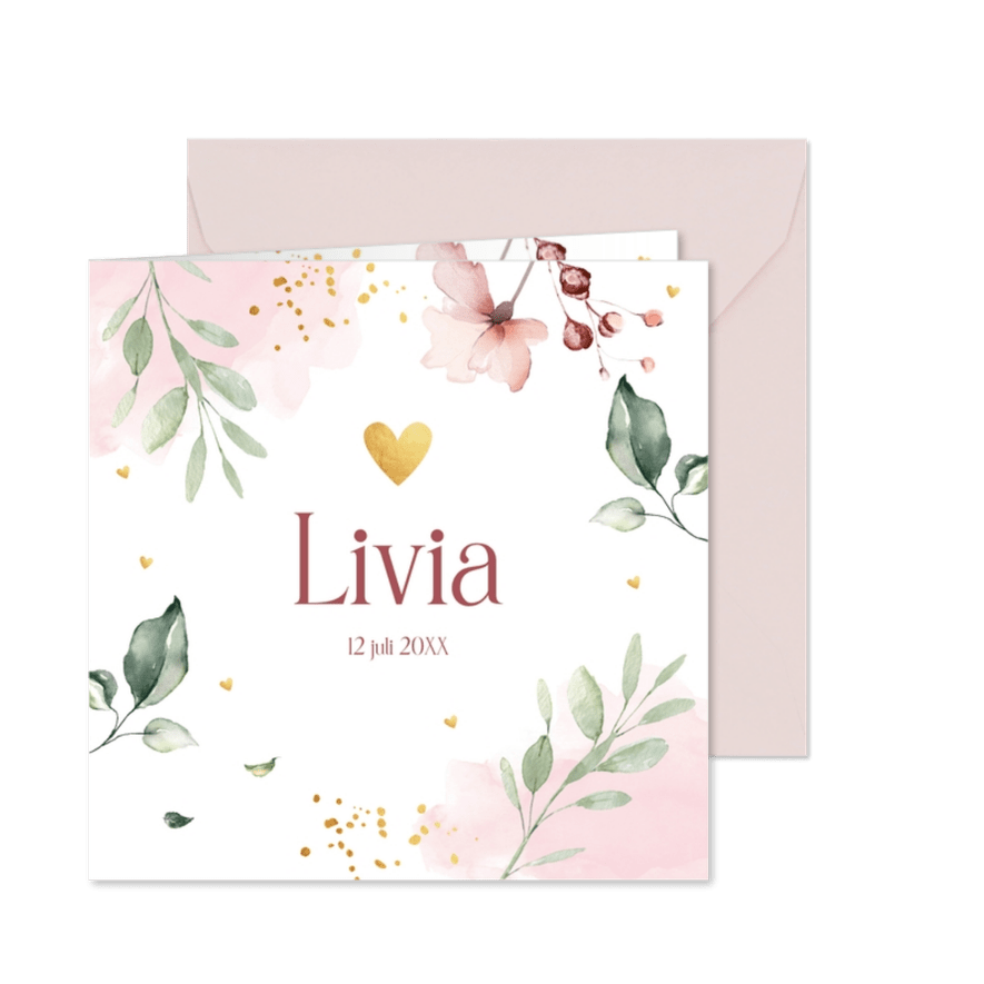 Geboortekaartje meisje bloemen blaadjes roze groen waterverf - Kaartimpressie