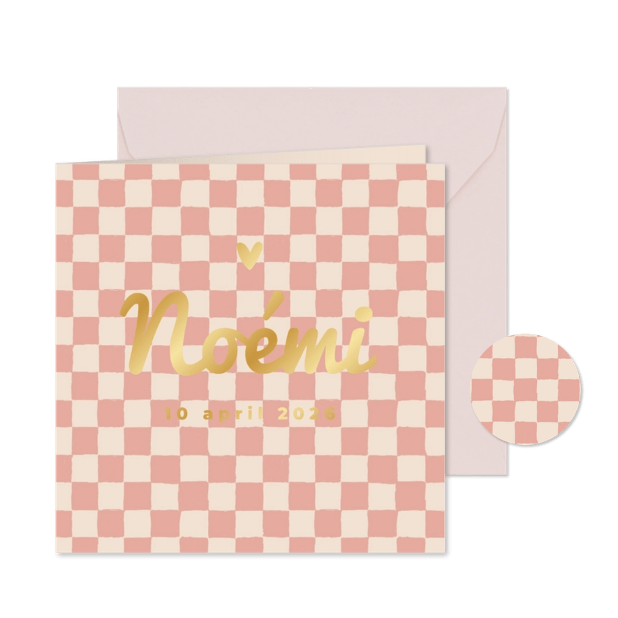 Geboortekaartje meisje blokjes ruitjes beige modern - Kaartimpressie