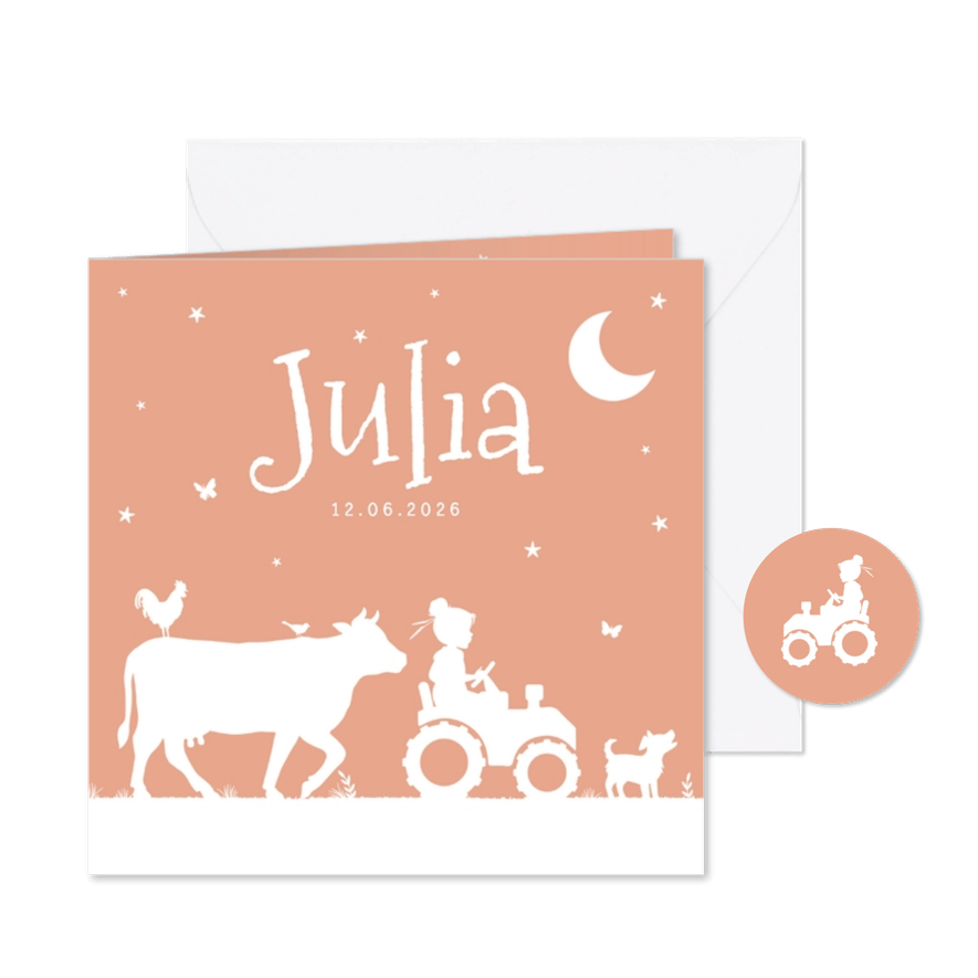 Geboortekaartje meisje boerderij tractor dieren silhouet - Kaartimpressie