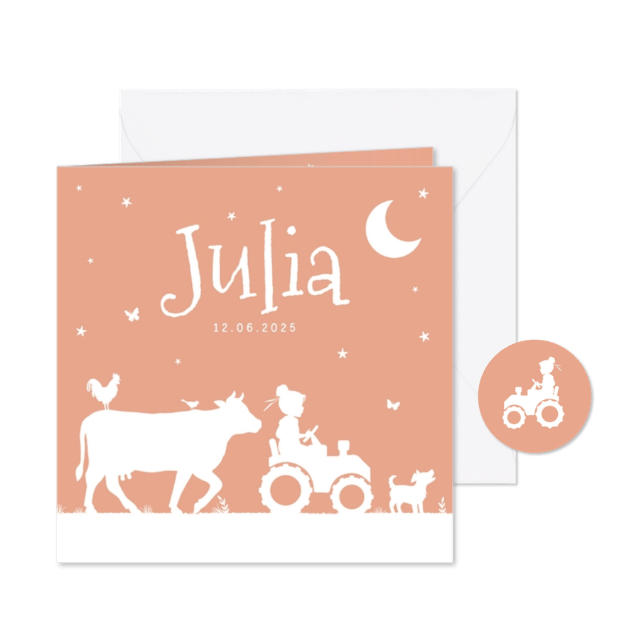 Geboortekaartje meisje boerderij tractor dieren silhouet - Kaartimpressie