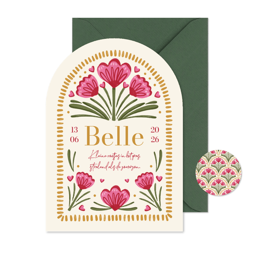Geboortekaartje meisje boogkaart bloemen uniek bijzonder - Kaartimpressie