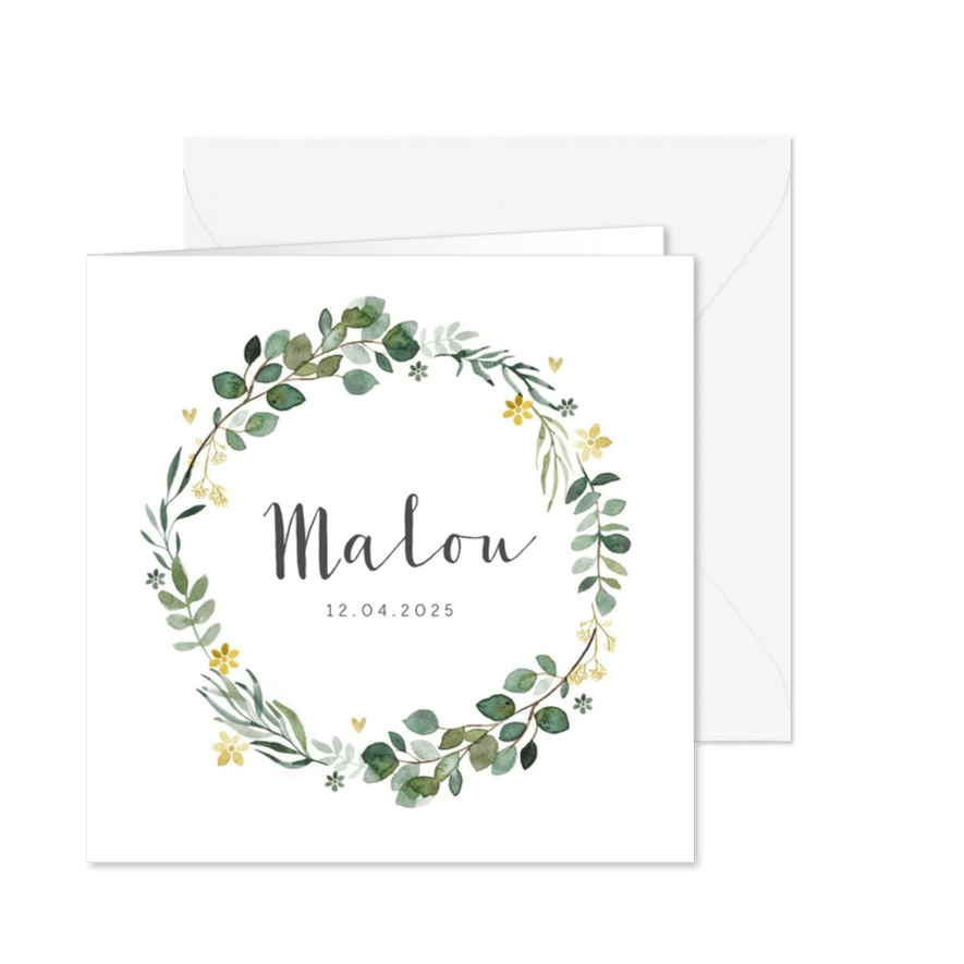 Geboortekaartje meisje botanische krans lief - Kaartimpressie