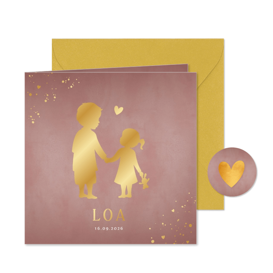 Geboortekaartje meisje broer & zusje silhouet in goudfolie - Kaartimpressie