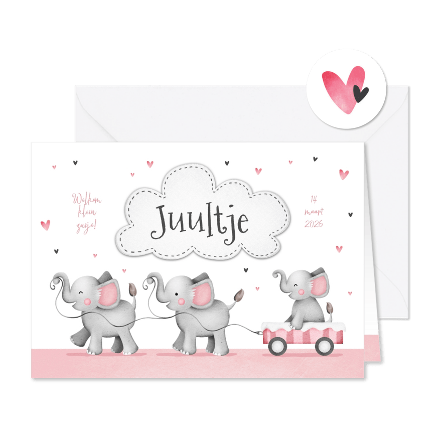 Geboortekaartje meisje derde kindje zusje olifantjes hartjes - Kaartimpressie