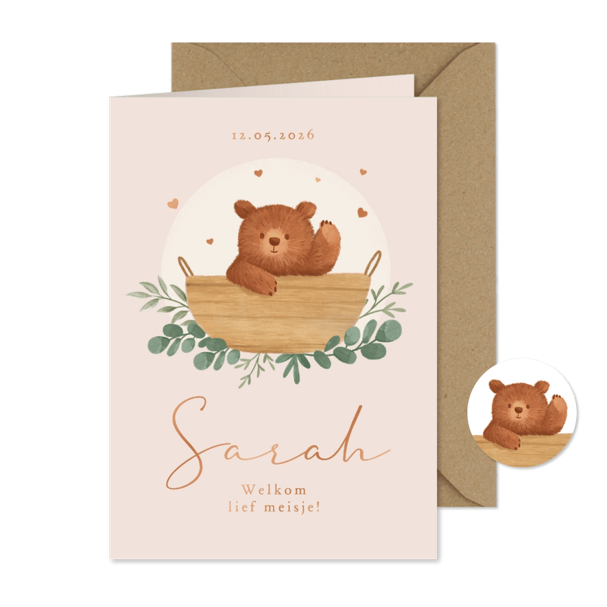 Geboortekaartje meisje dieren beertje mandje koper lief - Kaartimpressie