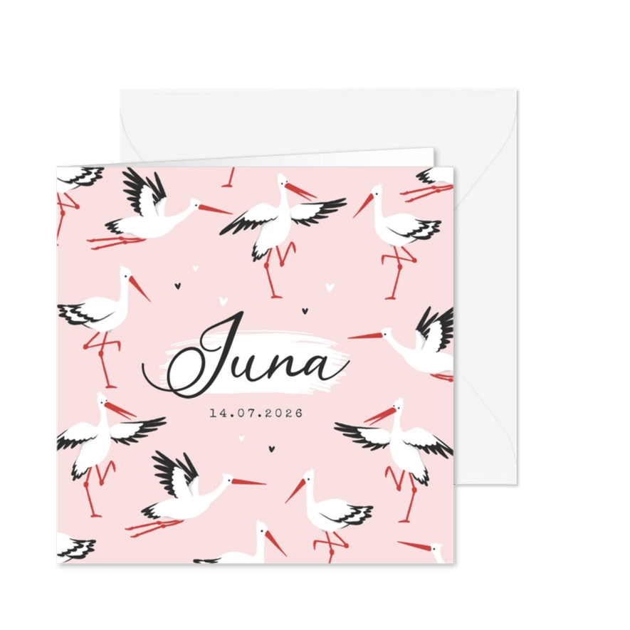 Geboortekaartje meisje dieren ooievaar hartjes - Kaartimpressie