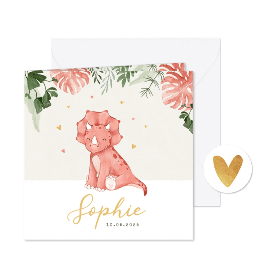 Geboortekaartje meisje dino triceratops meisje hartjes - Kaartimpressie