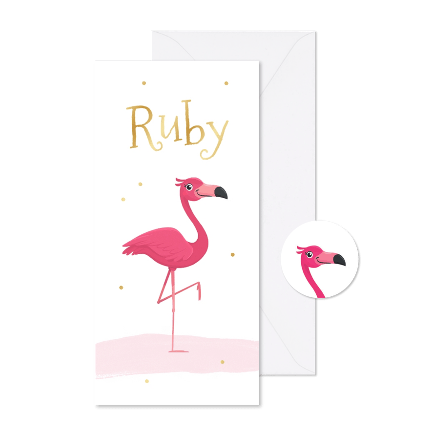 Geboortekaartje meisje flamingo goud waterverf - Kaartimpressie