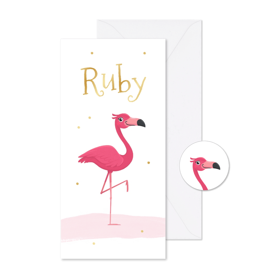 Geboortekaartje meisje flamingo goud waterverf - Kaartimpressie