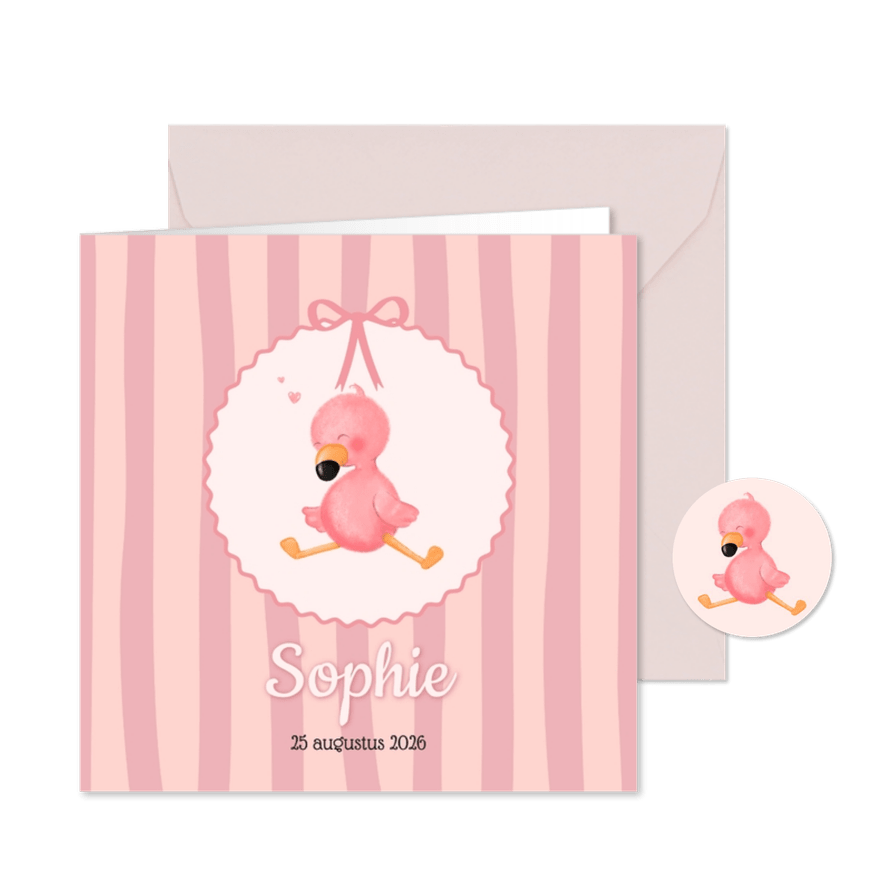Geboortekaartje meisje flamingo met roze streepjes - Kaartimpressie