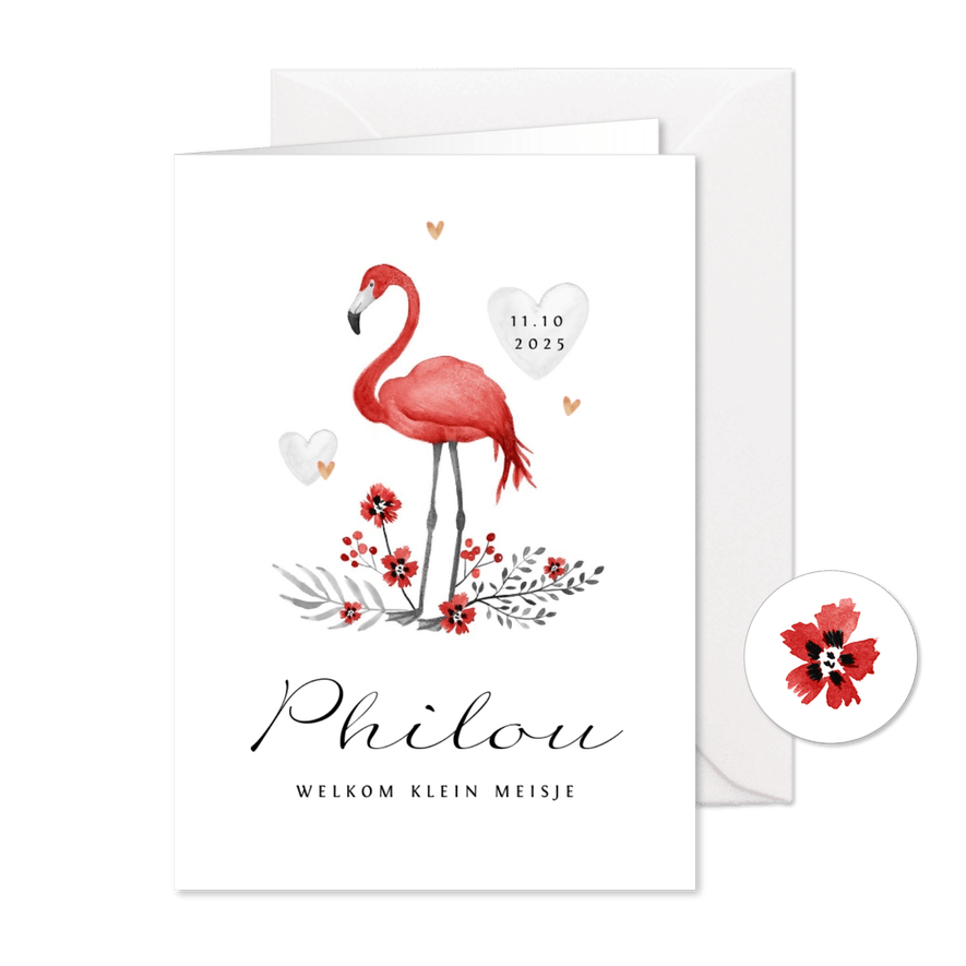 Geboortekaartje meisje flamingo rood hartjes goud - Kaartimpressie