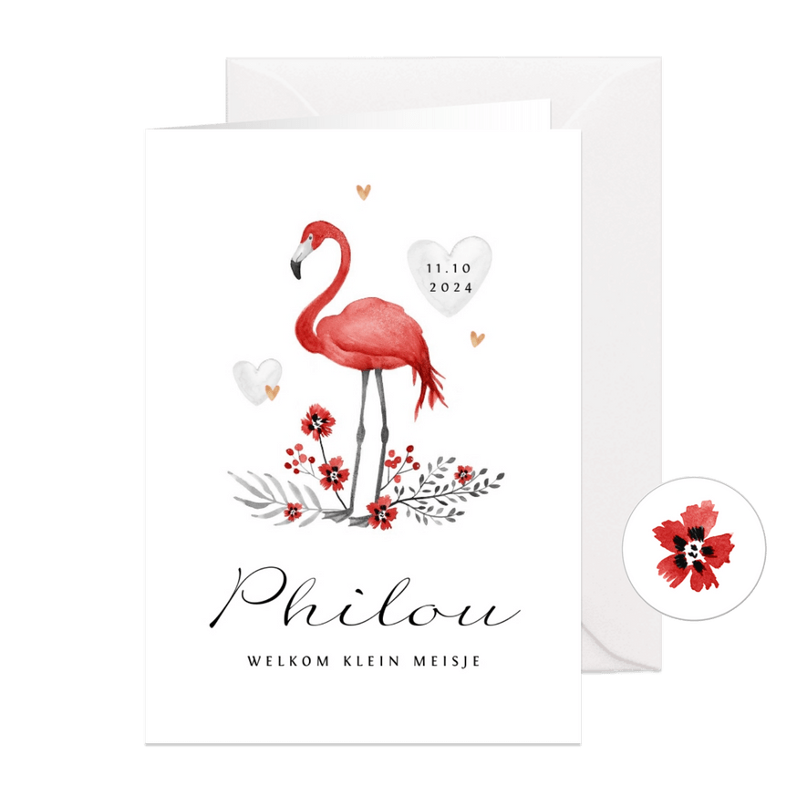 Geboortekaartje meisje flamingo rood hartjes goud - Kaartimpressie