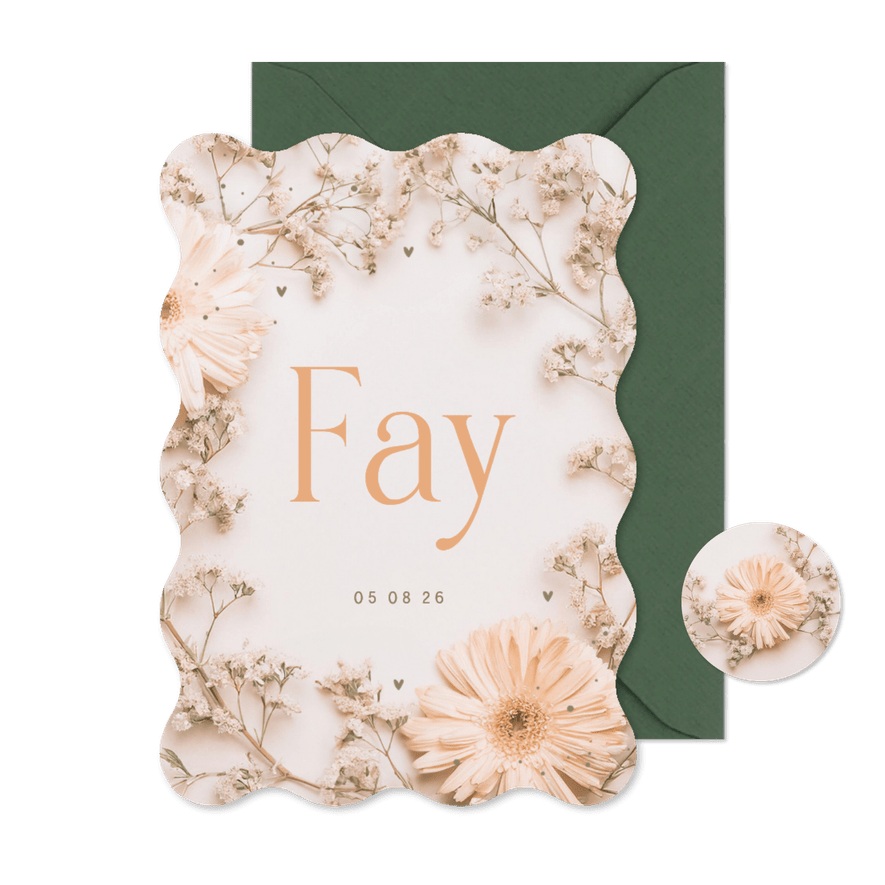 Geboortekaartje meisje gipskruid golfrand gerbera zalmroze - Kaartimpressie