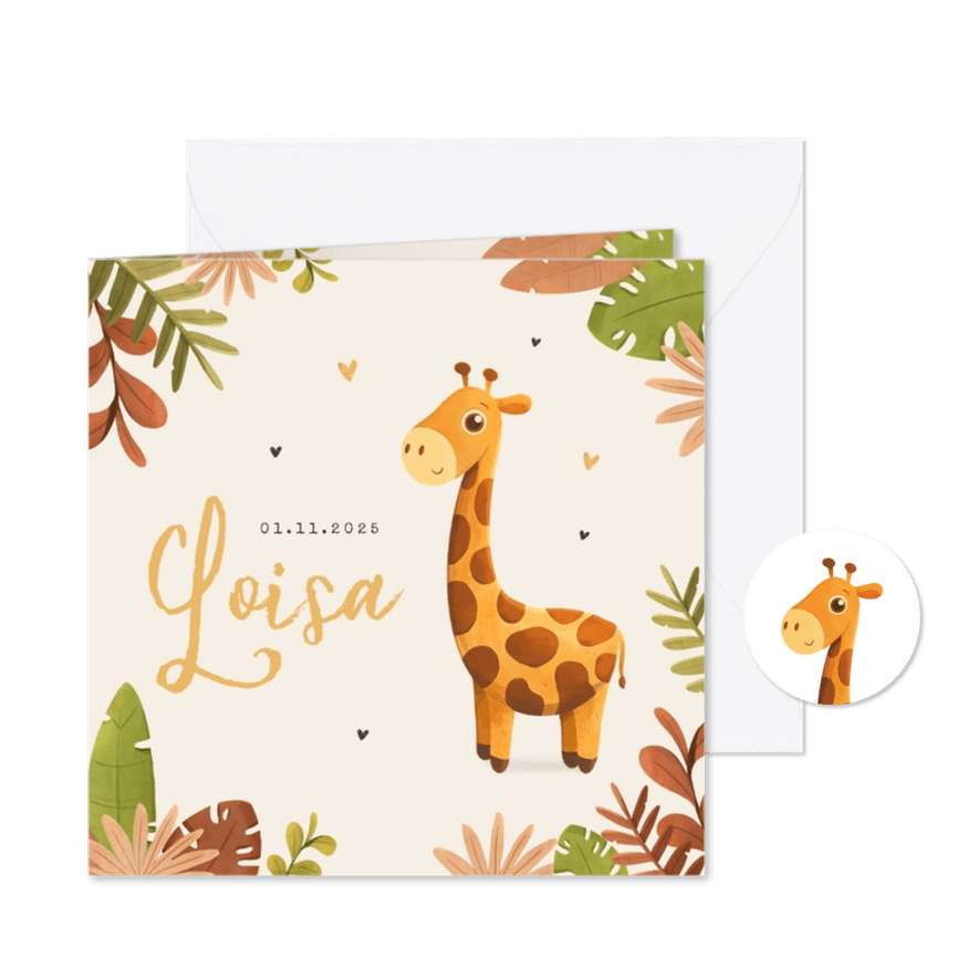 Geboortekaartje meisje giraf illustratie jungle hartjes - Kaartimpressie