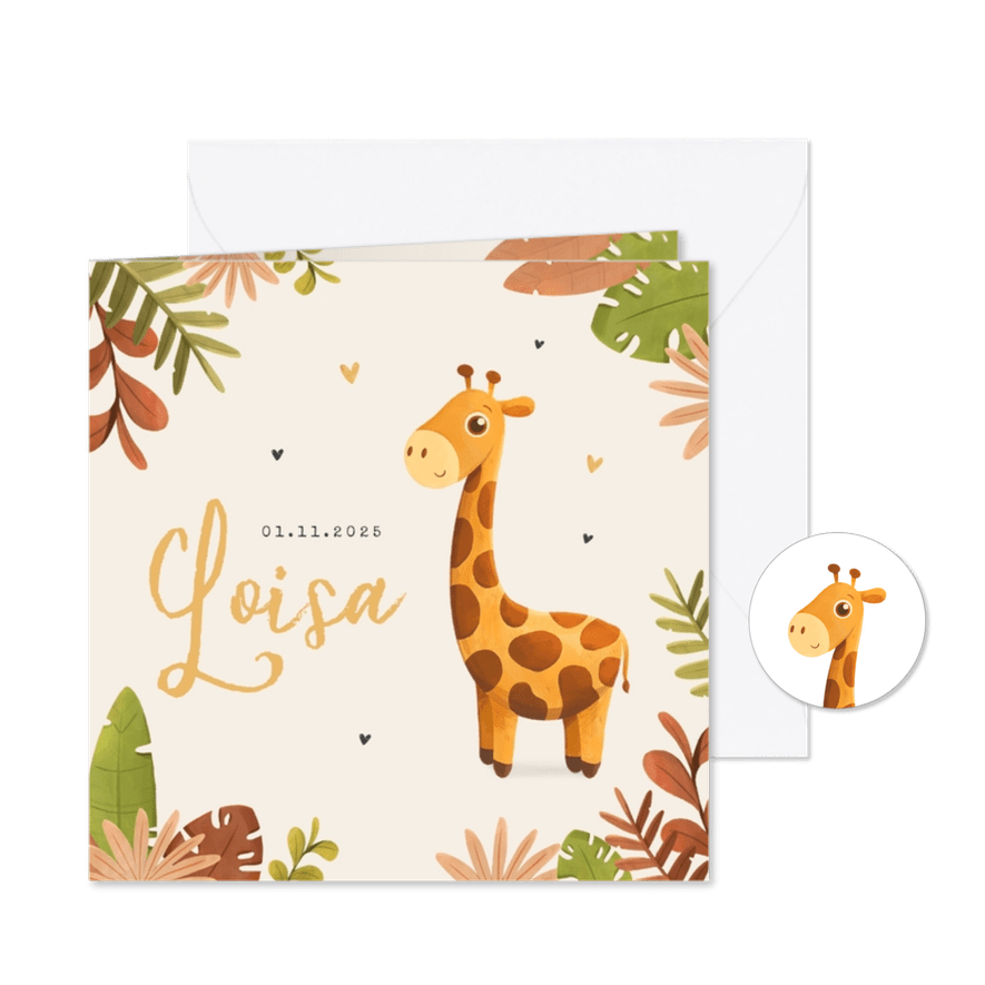 Geboortekaartje meisje giraf illustratie jungle hartjes - Kaartimpressie