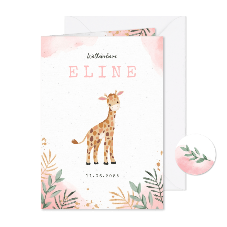 Geboortekaartje meisje giraf waterverf botanisch - Kaartimpressie