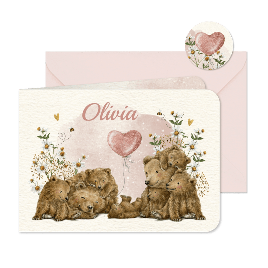 Geboortekaartje meisje groot gezin met beren familie - Kaartimpressie