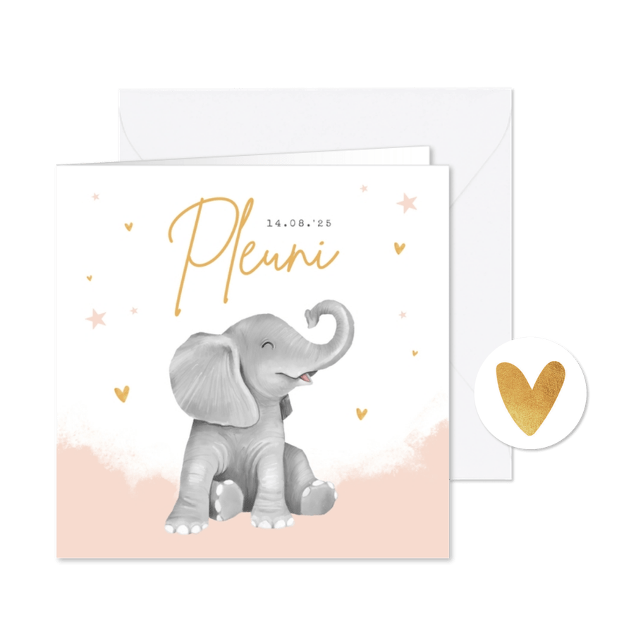 Geboortekaartje meisje hartjes goud waterverf olifant - Kaartimpressie