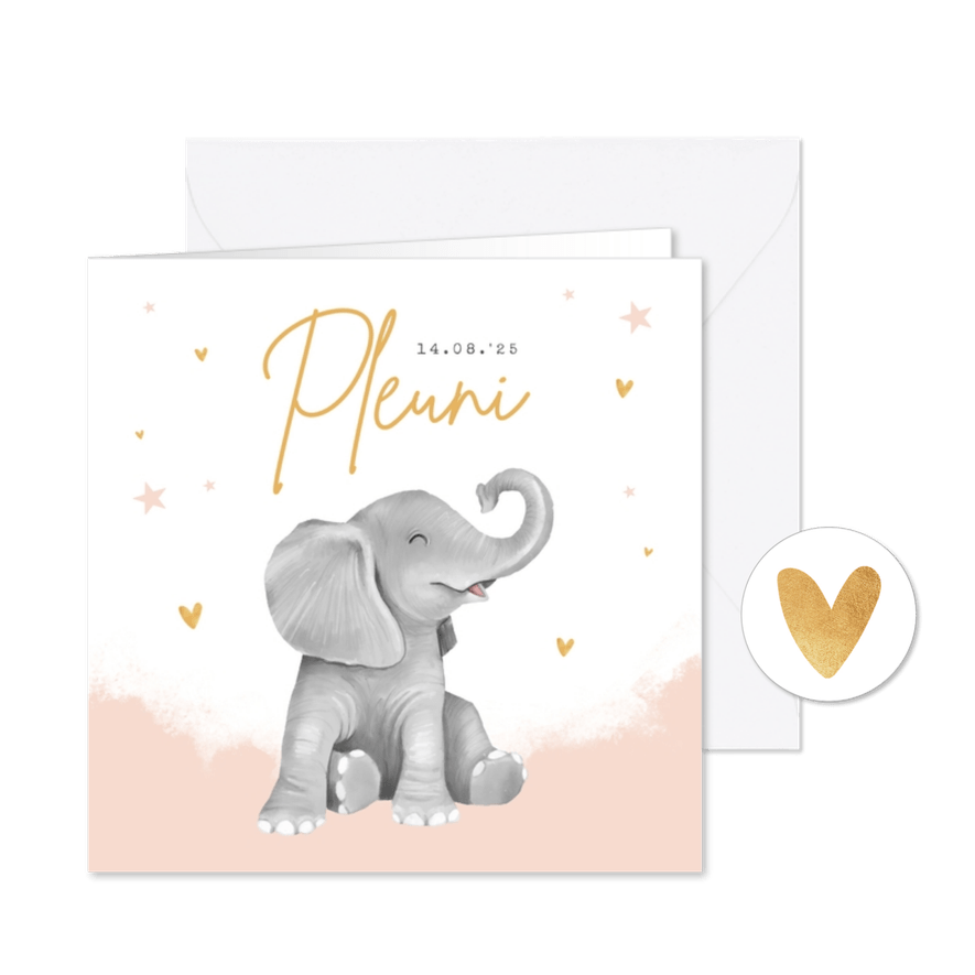 Geboortekaartje meisje hartjes goud waterverf olifant - Kaartimpressie