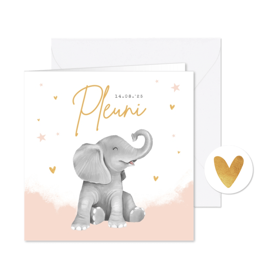 Geboortekaartje meisje hartjes goud waterverf olifant - Kaartimpressie
