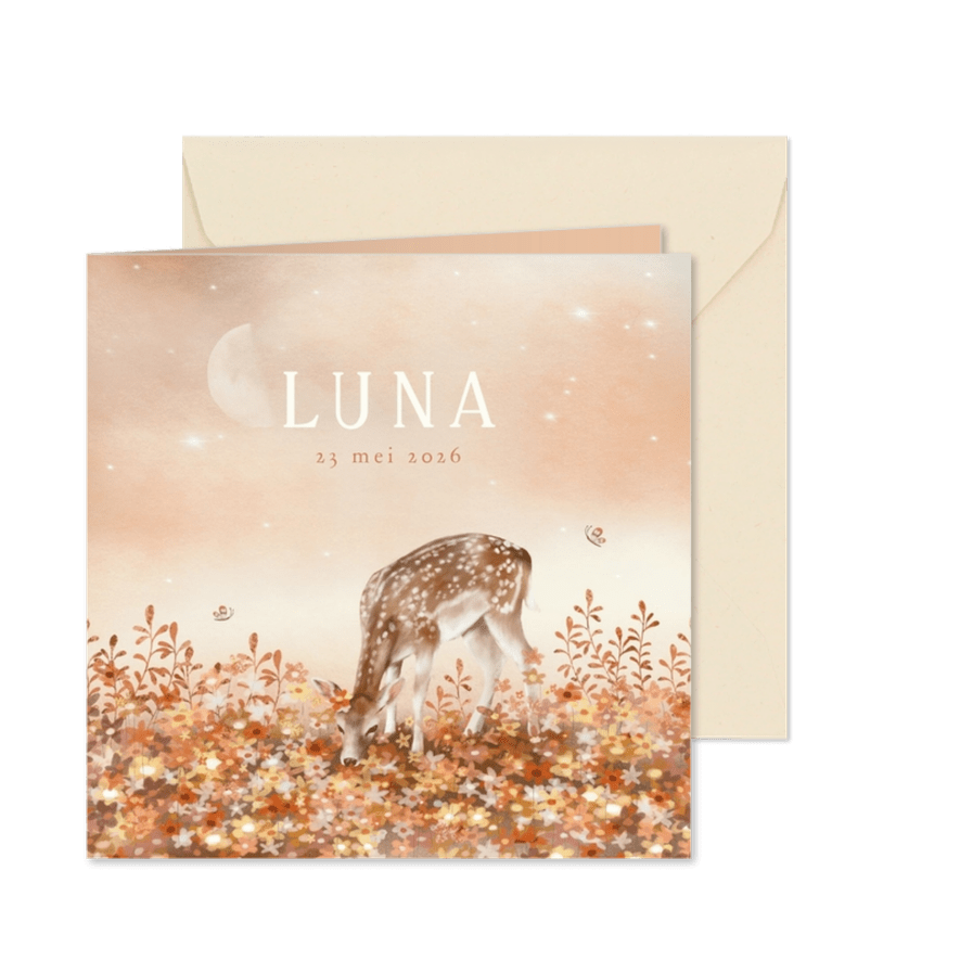 Geboortekaartje meisje hertje tussen bloemen vlinders & maan - Kaartimpressie