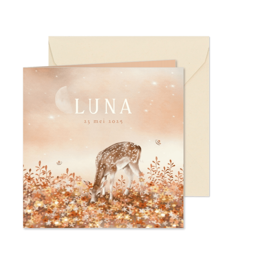Geboortekaartje meisje hertje tussen bloemen vlinders & maan - Kaartimpressie