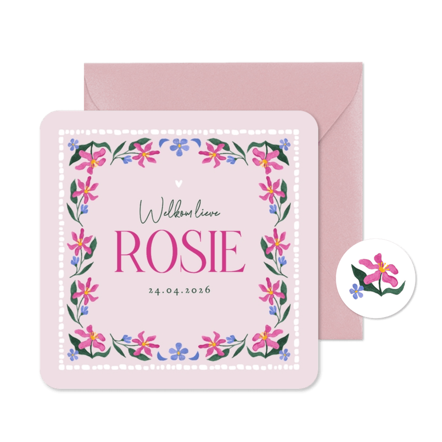 Geboortekaartje meisje hip bloemen patroon waterverf - Kaartimpressie