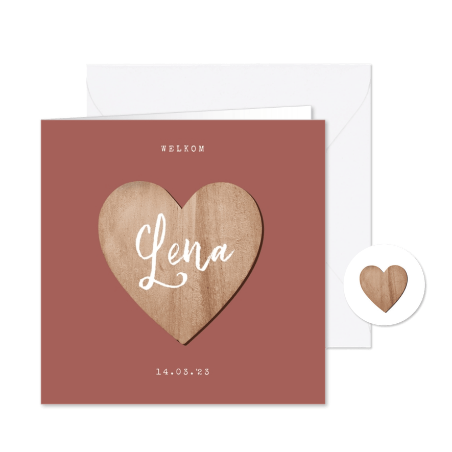 Geboortekaartje meisje houten hartje foto terra roze - Kaartimpressie