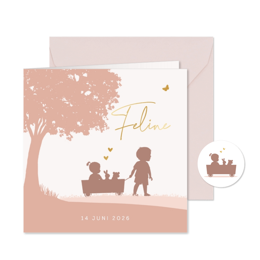 Geboortekaartje meisje in kar met broertje - Kaartimpressie