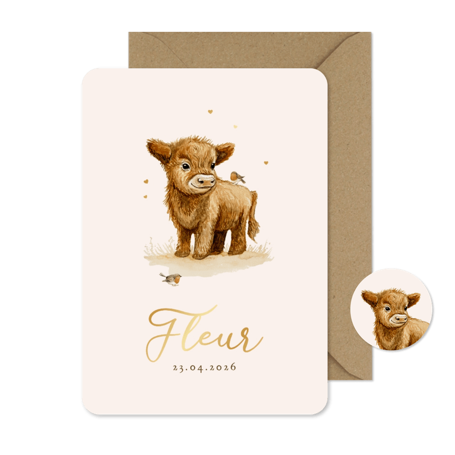 Geboortekaartje meisje kalfje schattig vogeltjes waterverf - Kaartimpressie