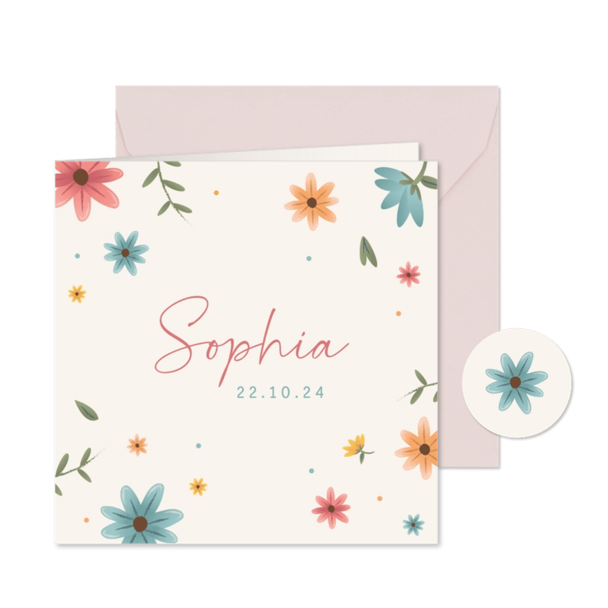Geboortekaartje meisje kleurrijke bloemen - Kaartimpressie