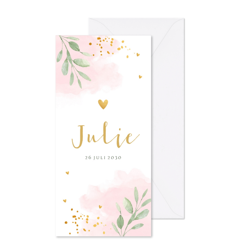 Geboortekaartje meisje langwerpig roze waterverf bladeren - Kaartimpressie