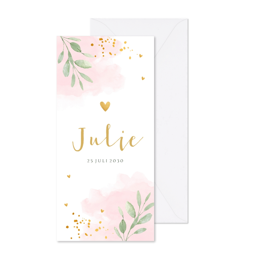 Geboortekaartje meisje langwerpig roze waterverf bladeren - Kaartimpressie