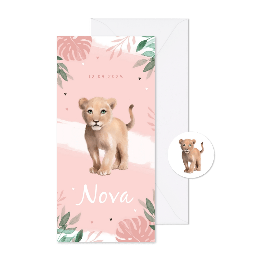 Geboortekaartje meisje leeuw waterverf - Kaartimpressie