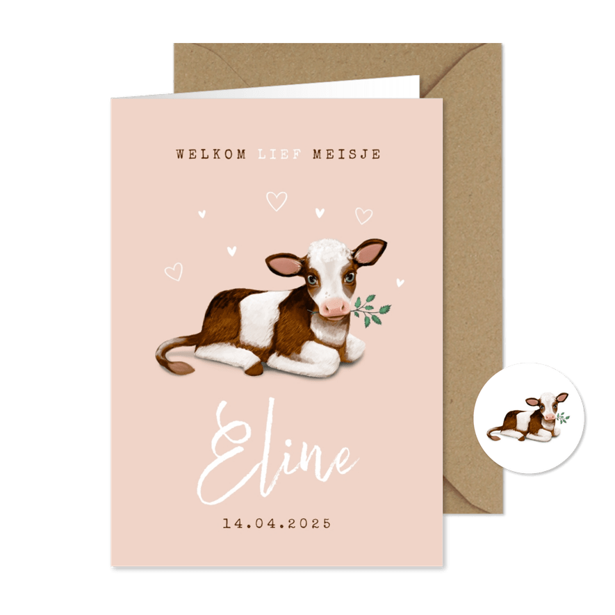 Geboortekaartje meisje lente kalfje koe hartjes boerderij - Kaartimpressie