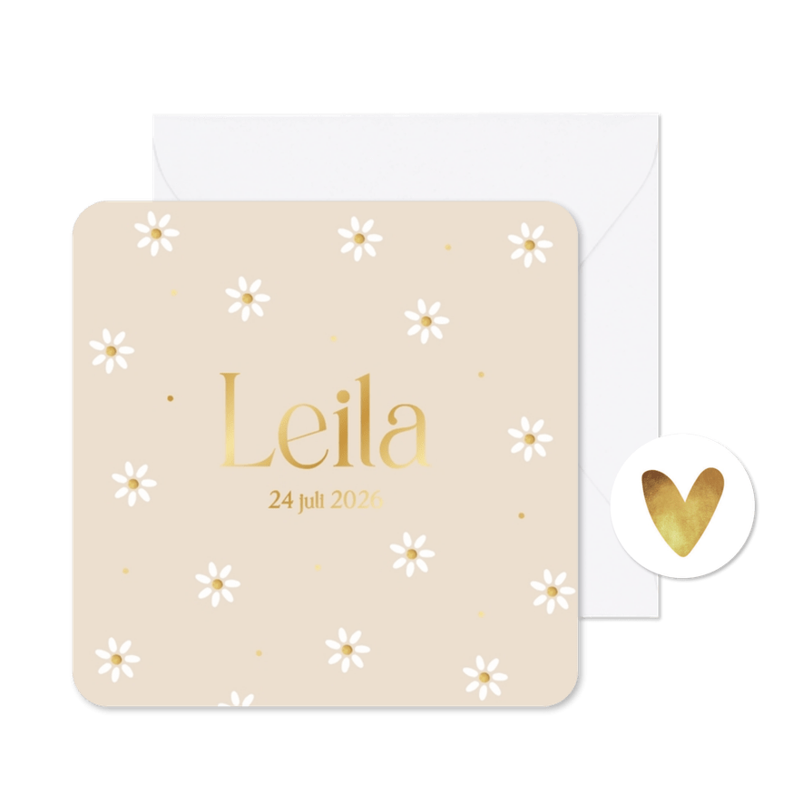 Geboortekaartje meisje lente zomer margrietjes goud - Kaartimpressie